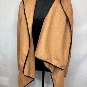 Tan Open Front Jacket with Black Trim